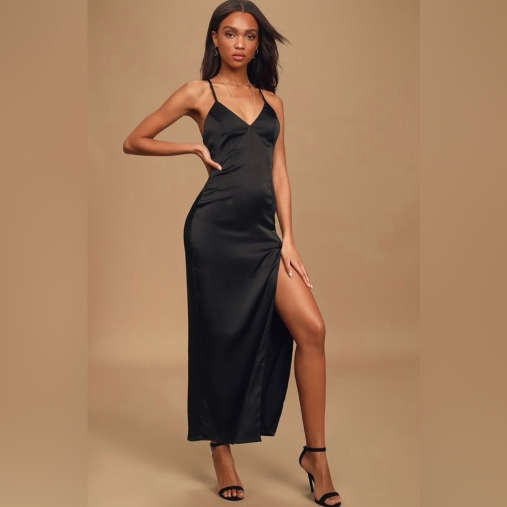 Lulu’s Dream Away With Me Black Satin Slip Maxi Dress size medium